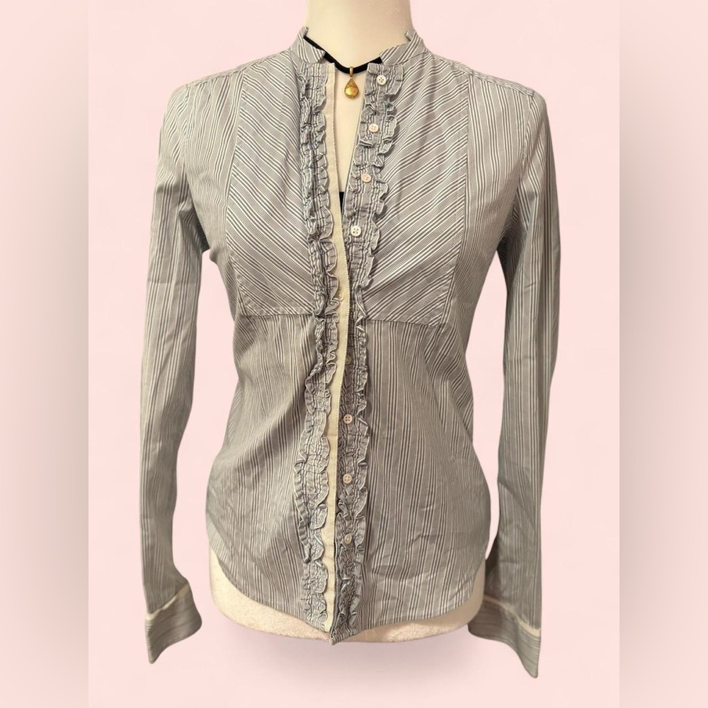 BCBG Black and White Pinstripe Ruffle Blouse